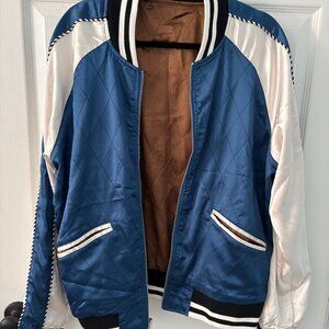 Straight to Hell Blue and White Satin Bomber Jacket